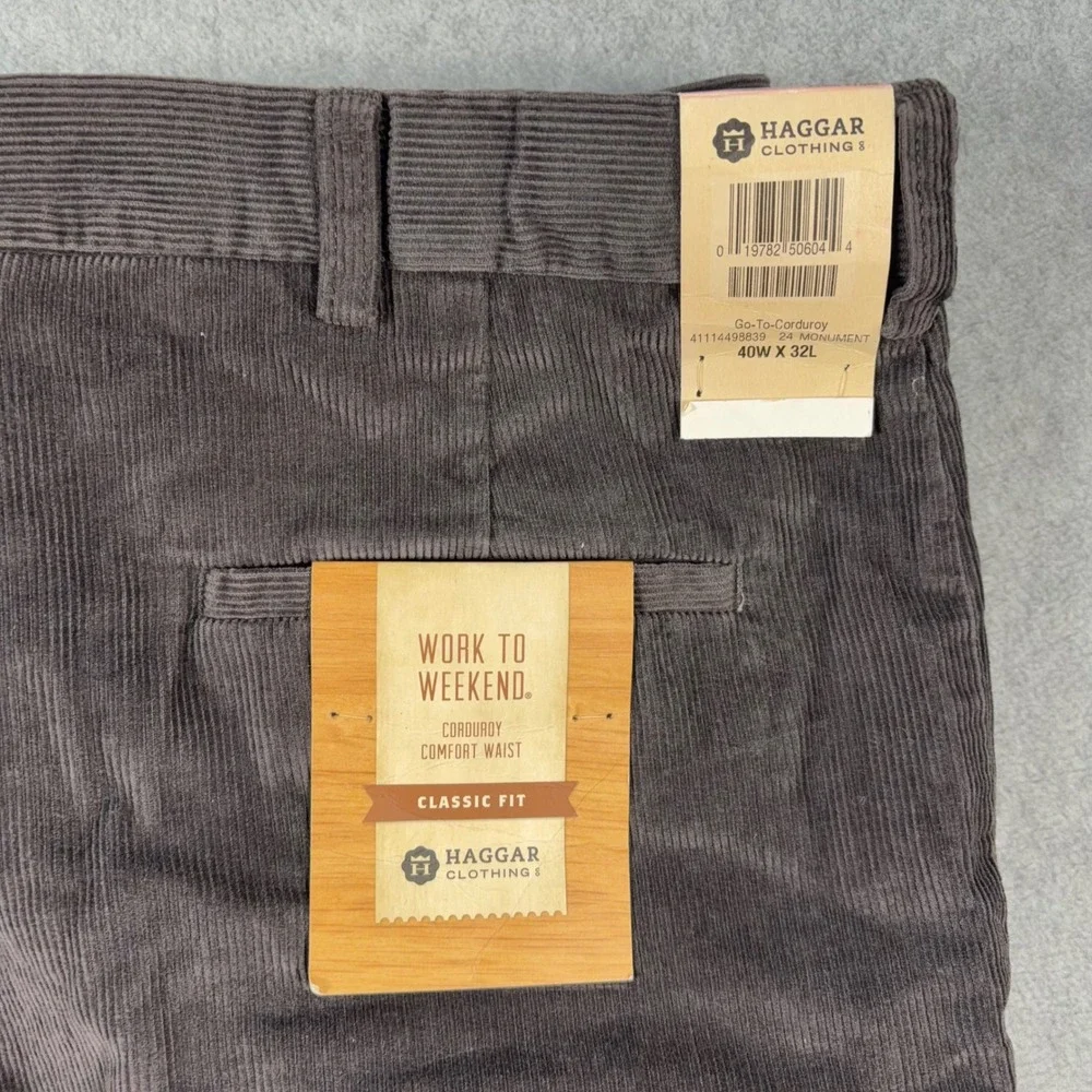 Haggar Corduroy Pants Mens 40x32 Monument Solid NWT Classic Fit Comfort Waist
